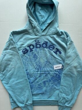 sp5der Light Blue Graphic Hoodie with Web Print design